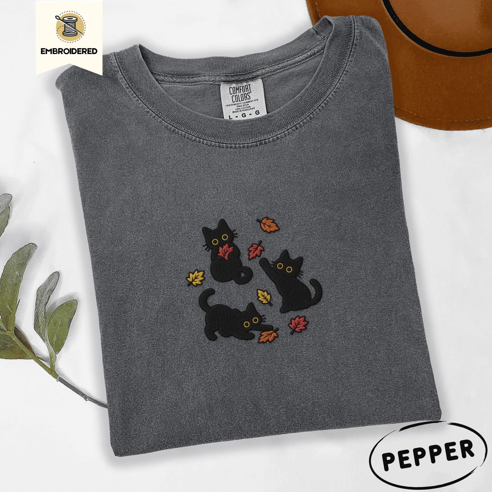 Pepper Black Cats And Fall Leaves Embroidered T-Shirt