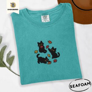 Seafoam Black Cats And Fall Leaves Embroidered T-Shirt