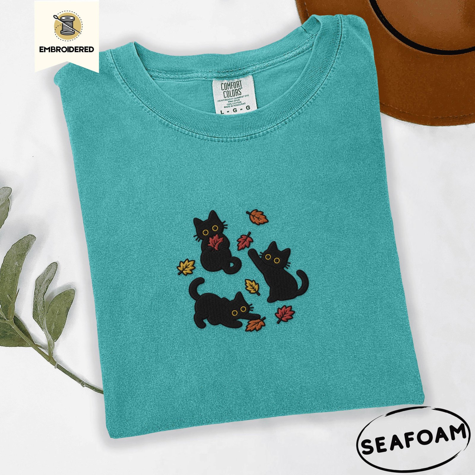 Seafoam Black Cats And Fall Leaves Embroidered T-Shirt