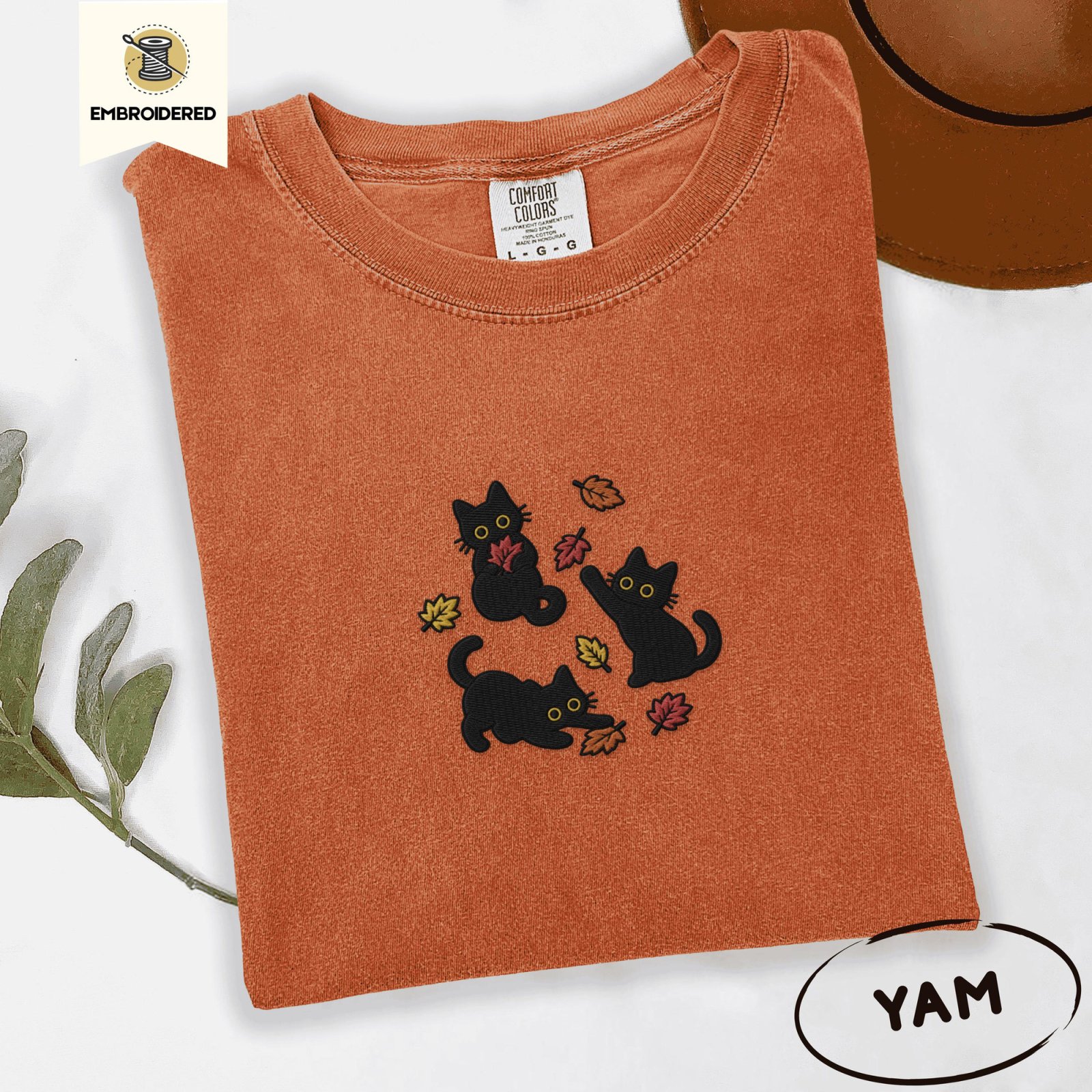 Yam Black Cats And Fall Leaves Embroidered T-Shirt