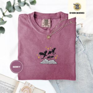 Berry Black Dragons and Gold Stars Embroidered T-Shirt