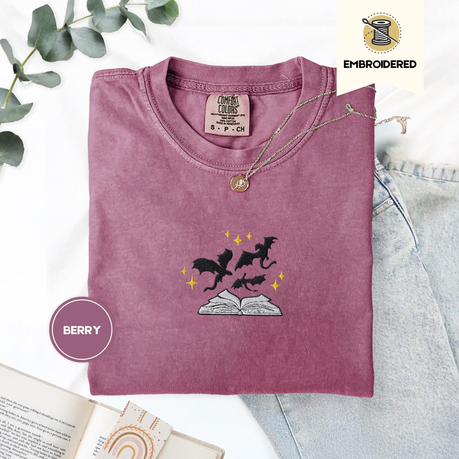 Berry Black Dragons and Gold Stars Embroidered T-Shirt
