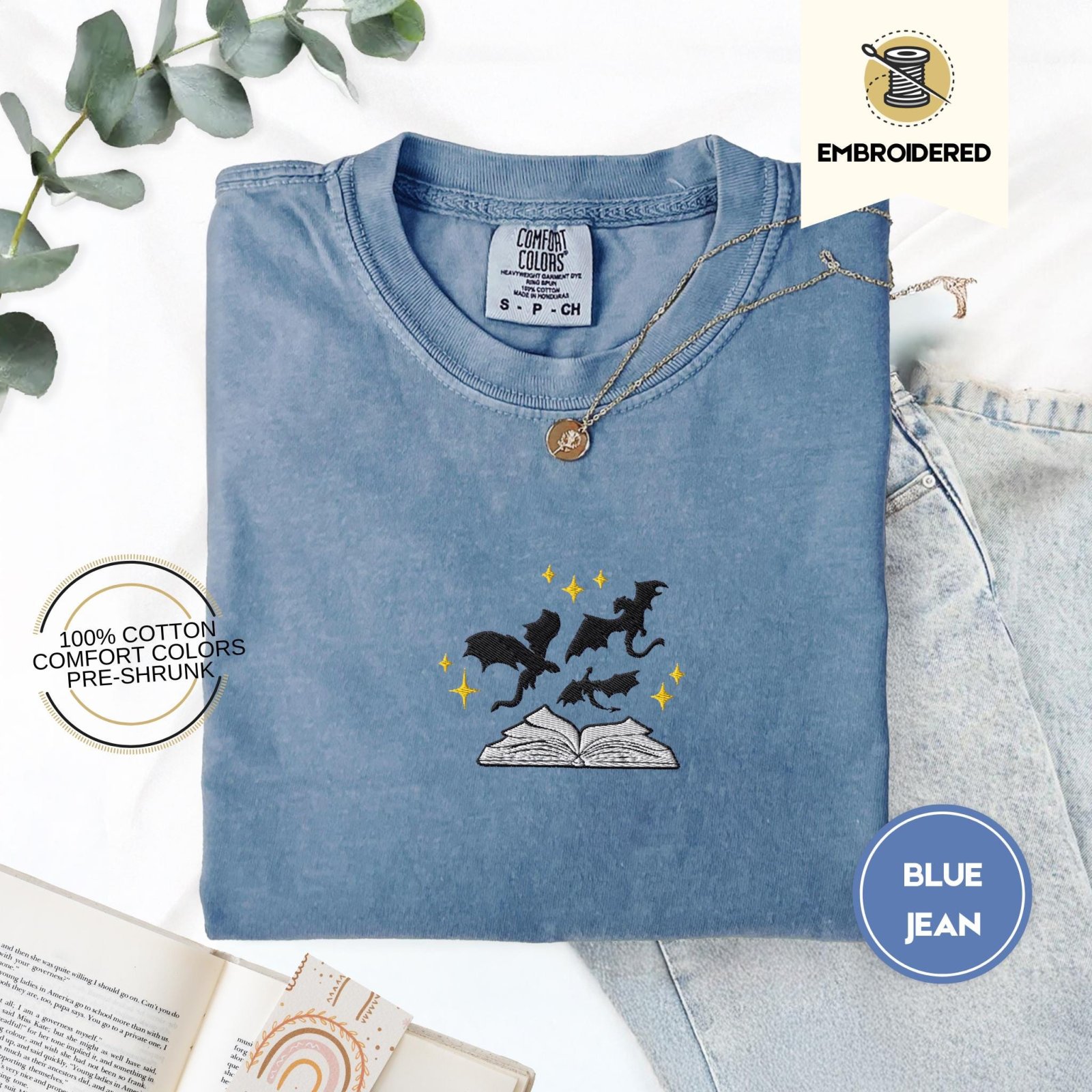 Blue Jean Black Dragons and Gold Stars Embroidered T-Shirt
