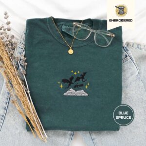 Blue Spruce Black Dragons and Gold Stars Embroidered T-Shirt