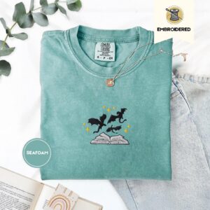 Seafoam Black Dragons and Gold Stars Embroidered T-Shirt