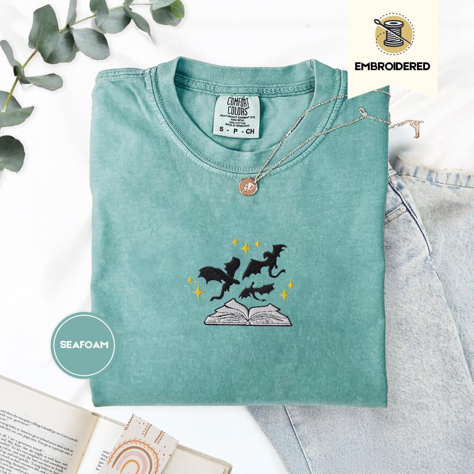Seafoam Black Dragons and Gold Stars Embroidered T-Shirt