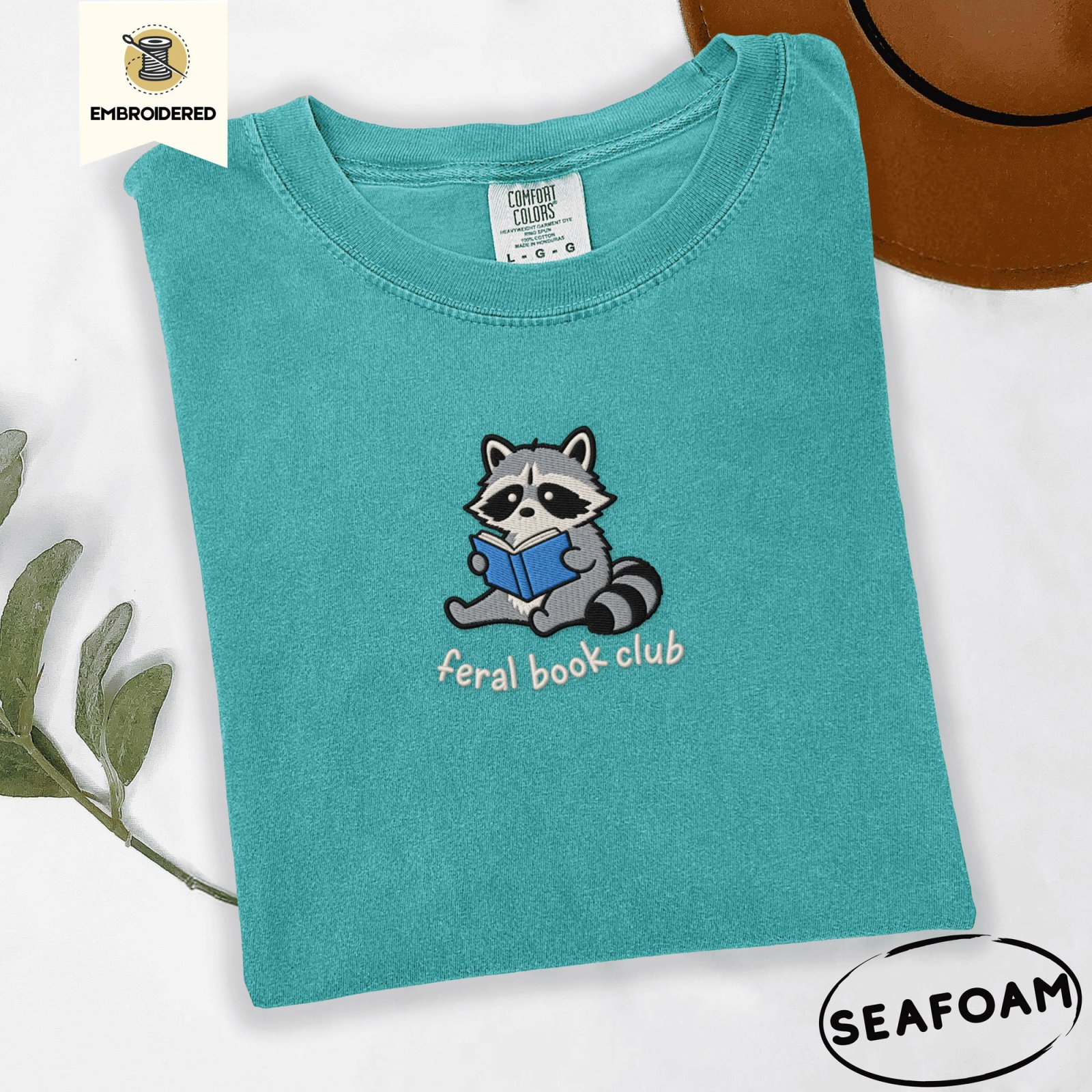 Seafoam Blue Book Raccoon Embroidered T-Shirt