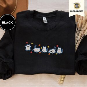 Black Blue Outlined Ghost Cat Parade Embroidered Sweatshirt