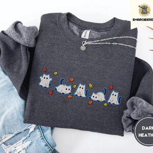 Dark Heather Blue Outlined Ghost Cat Parade Embroidered Sweatshirt