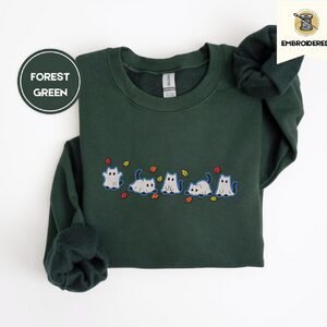Forest Green Blue Outlined Ghost Cat Parade Embroidered Sweatshirt