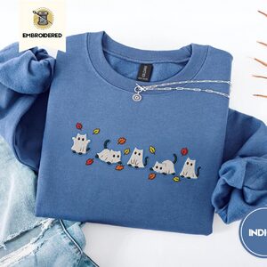 Indigo Blue Blue Outlined Ghost Cat Parade Embroidered Sweatshirt