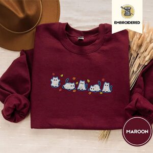 Maroon Blue Outlined Ghost Cat Parade Embroidered Sweatshirt