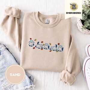 Sand Blue Outlined Ghost Cat Parade Embroidered Sweatshirt