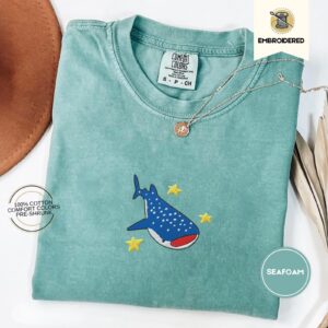 Seafoam Blue Spotted Whale Shark Embroidered T-Shirt