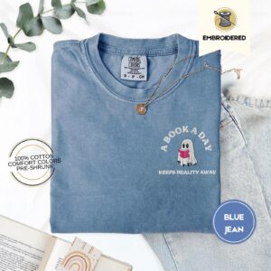 Blue Jean Book a Day Ghost Embroidered T-Shirt