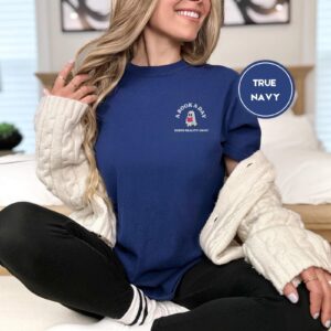 Person wearing a true navy Book a Day Ghost Embroidered T-Shirt