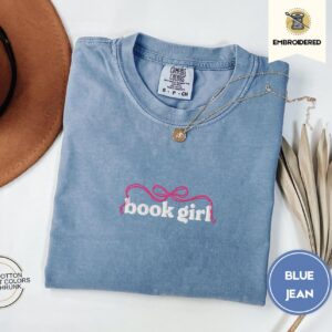 Blue Jean Book Girl Bow Embroidered T-Shirt