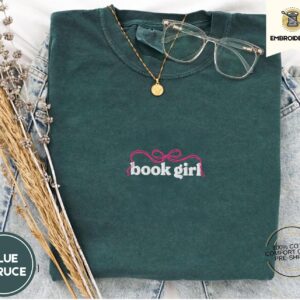 Blue Spruce Book Girl Bow Embroidered T-Shirt