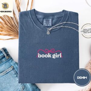 Denim Book Girl Bow Embroidered T-Shirt