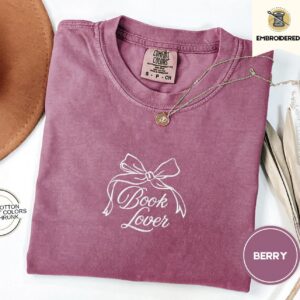 Berry Book Lover Bow Embroidered T-Shirt