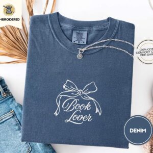 Denim Book Lover Bow Embroidered T-Shirt