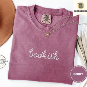 Berry Bookish Script Embroidered T-Shirt