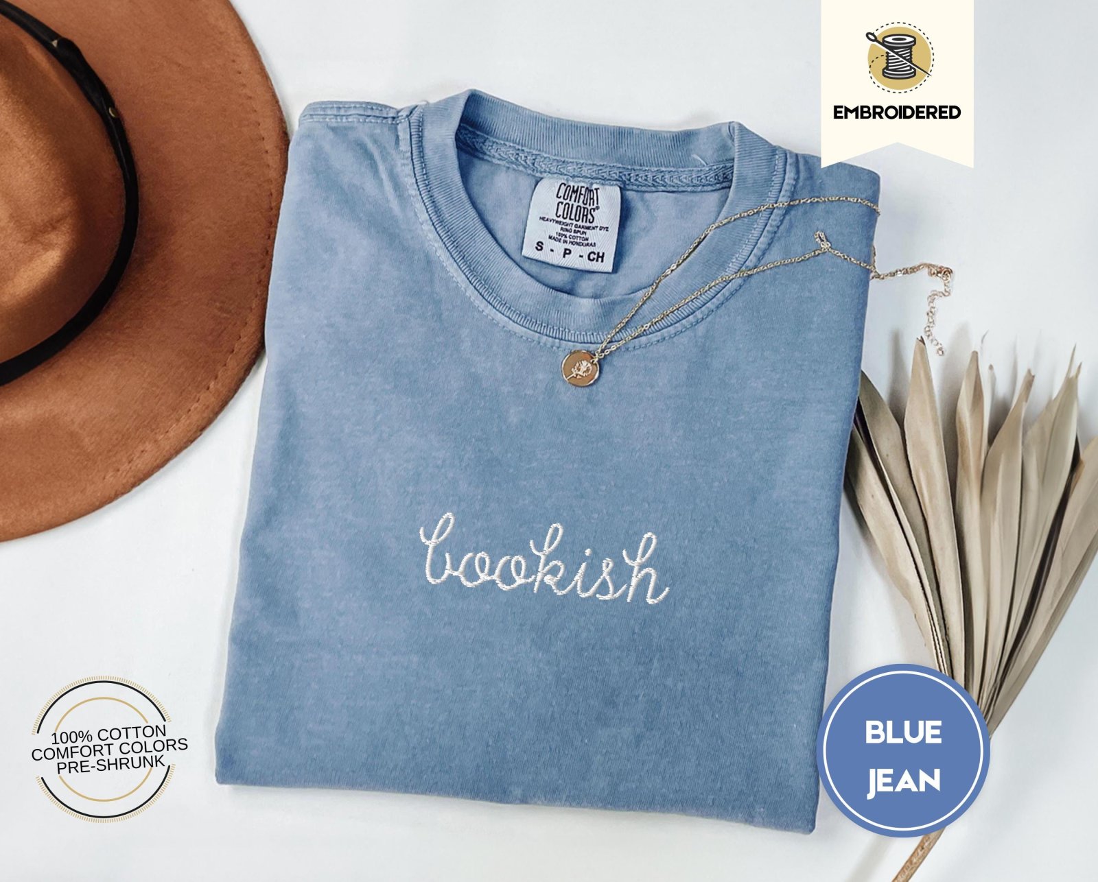 Blue Jean Bookish Script Embroidered T-Shirt