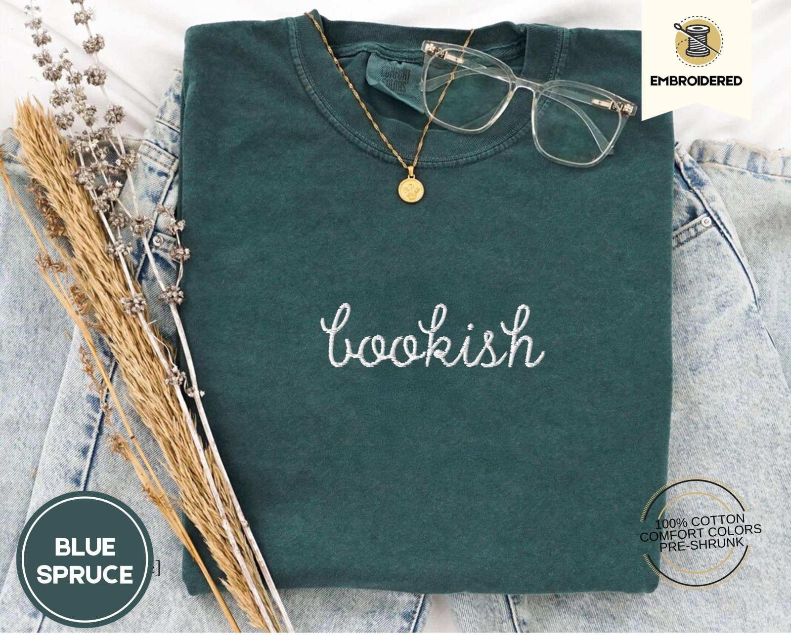 Blue Spruce Bookish Script Embroidered T-Shirt