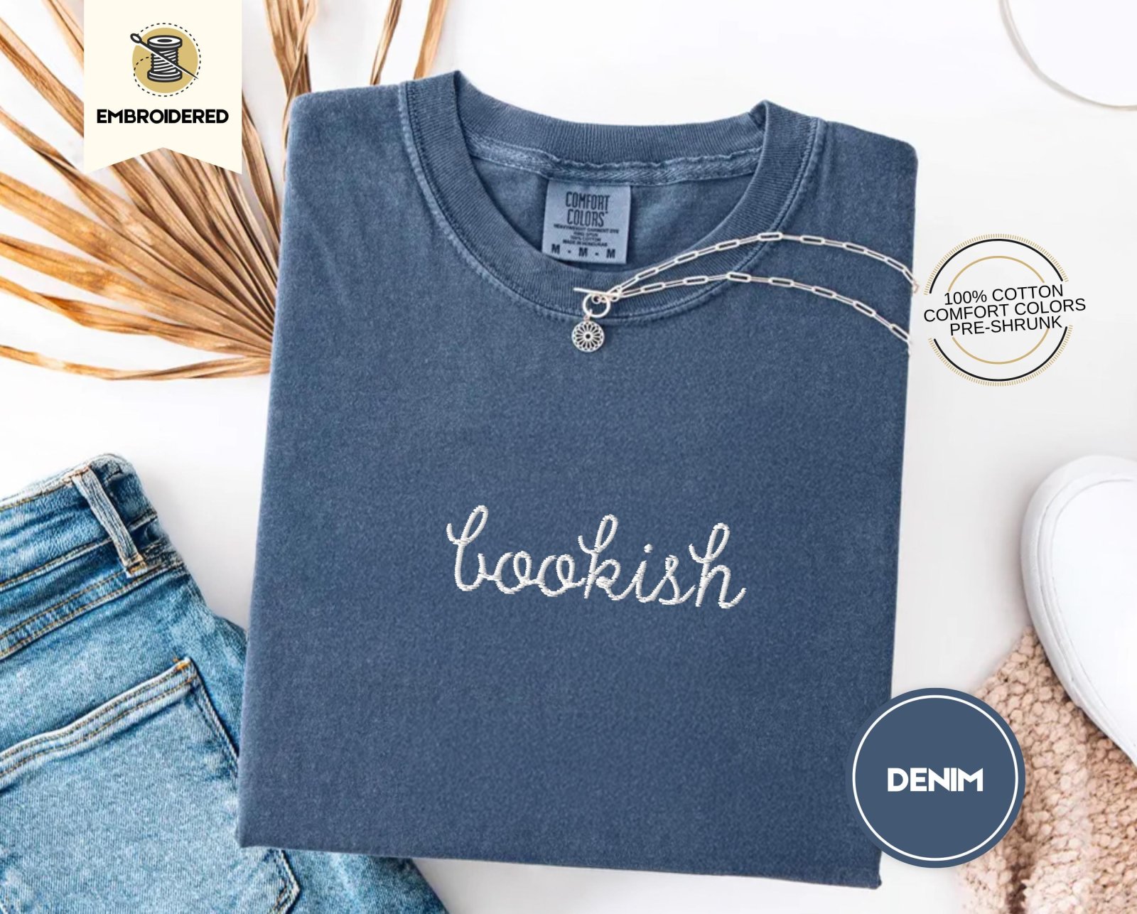 Denim Bookish Script Embroidered T-Shirt