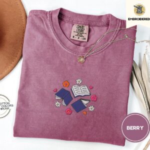 Berry Books and Flowers Embroidered T-Shirt