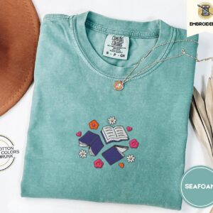 Seafoam Books and Flowers Embroidered T-Shirt