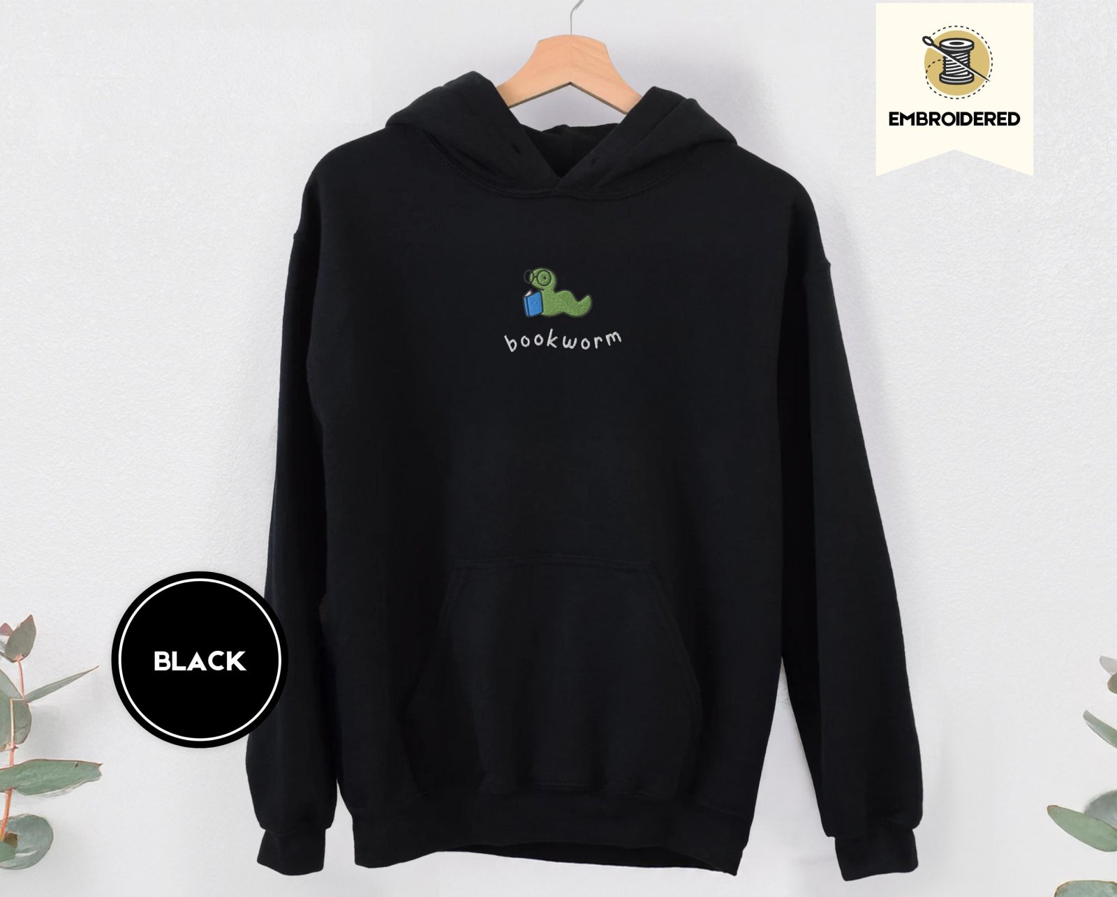 Black Bookworm Embroidered Hoodie