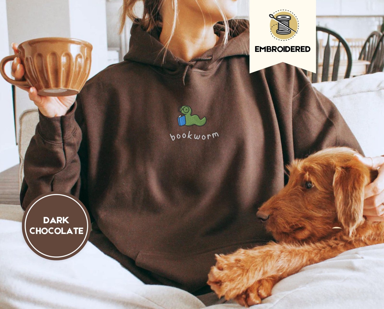 Person wearing a dark chocolate Bookworm Embroidered Hoodie