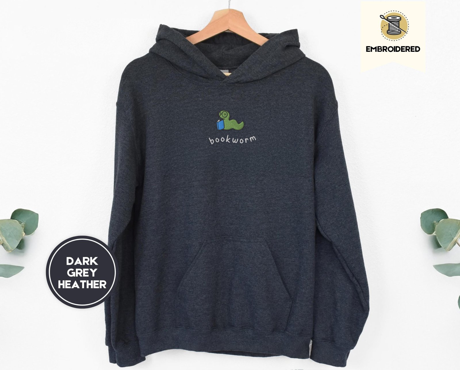 Dark Heather Bookworm Embroidered Hoodie