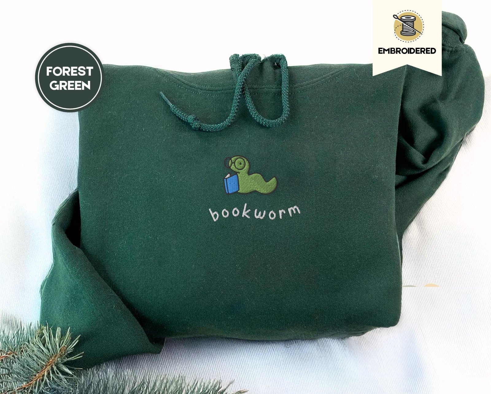 Forest Green Bookworm Embroidered Hoodie