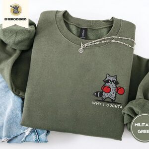 Military Green Boxing Raccoon Embroidered Sweatshirt