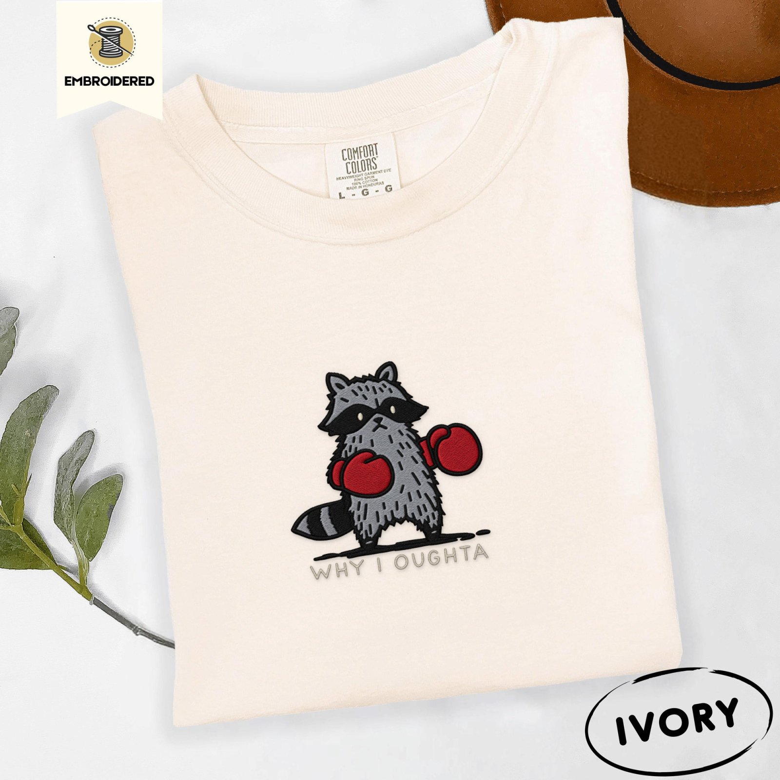 Ivory Boxing Raccoon Why I Oughta Embroidered T-Shirt