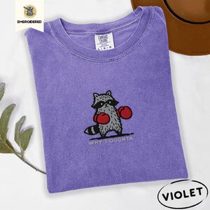 Violet Boxing Raccoon Why I Oughta Embroidered T-Shirt