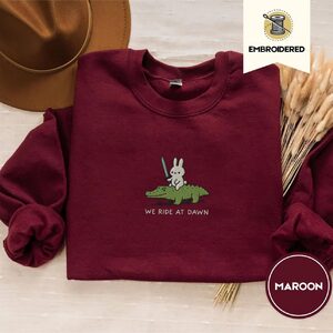 Maroon Bunny Knight and Alligator Embroidered Sweatshirt