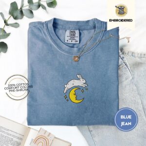 Blue Jean Bunny Over Crescent Moon Embroidered T-Shirt