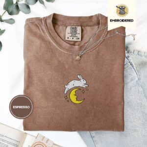 Espresso Bunny Over Crescent Moon Embroidered T-Shirt
