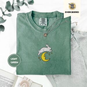 Light Green Bunny Over Crescent Moon Embroidered T-Shirt