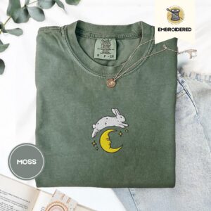 Moss Bunny Over Crescent Moon Embroidered T-Shirt