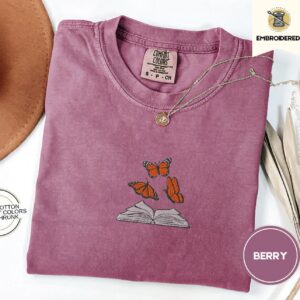 Berry Butterflies and Open Book Embroidered T-Shirt