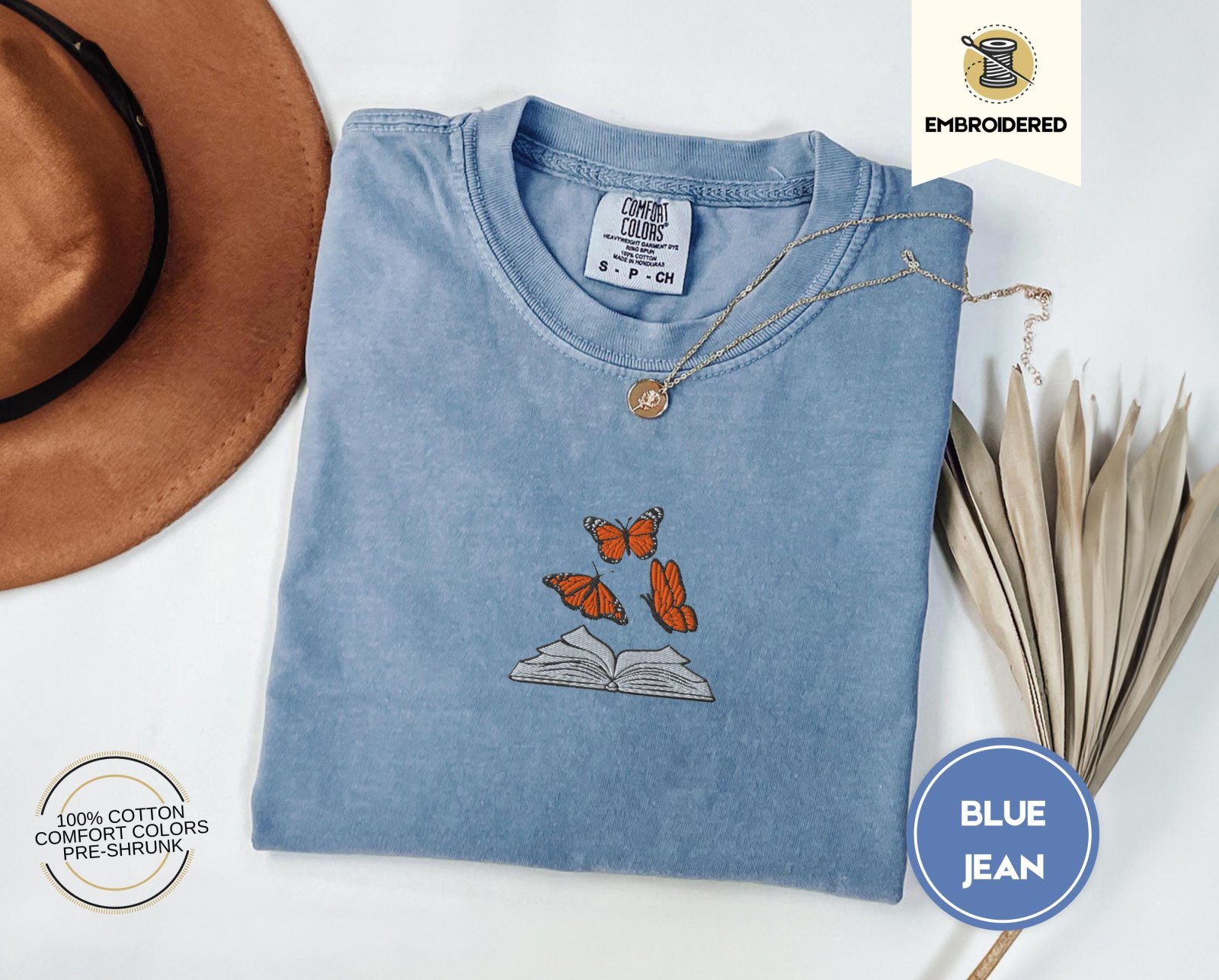 Blue Jean Butterflies and Open Book Embroidered T-Shirt