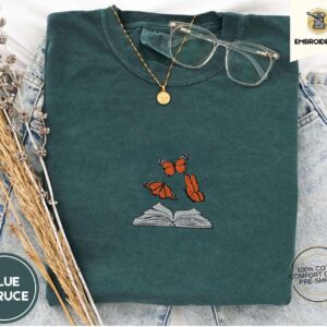 Blue Spruce Butterflies and Open Book Embroidered T-Shirt