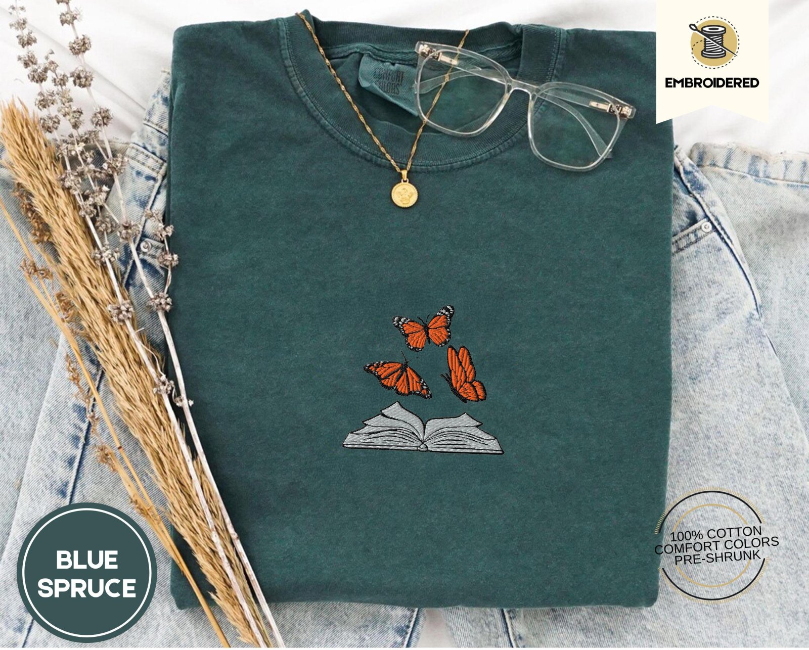 Blue Spruce Butterflies and Open Book Embroidered T-Shirt