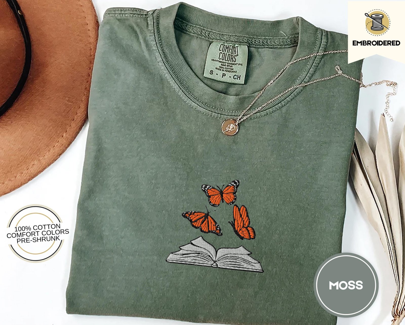 Moss Butterflies and Open Book Embroidered T-Shirt