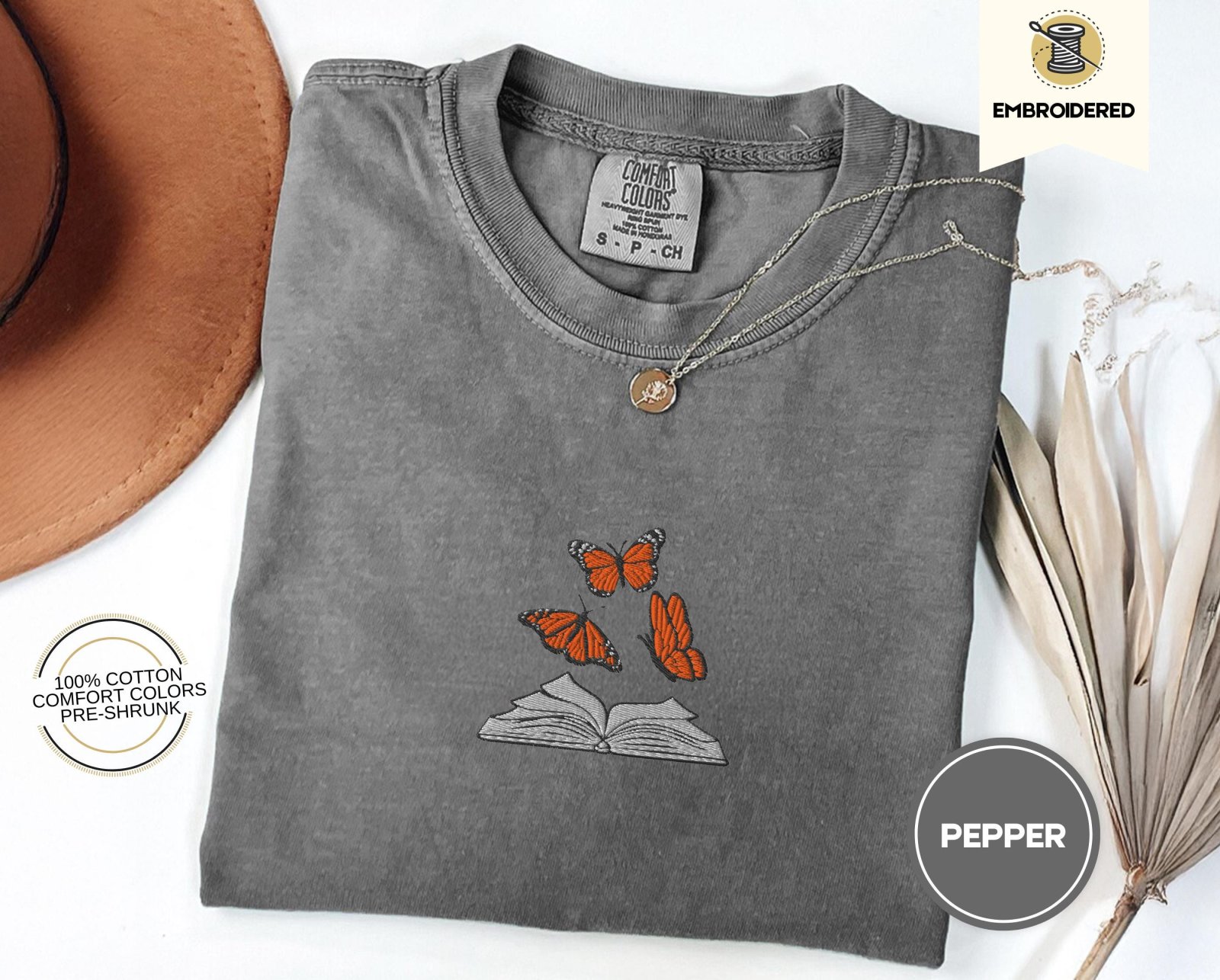 Pepper Butterflies and Open Book Embroidered T-Shirt