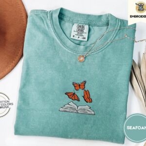 Seafoam Butterflies and Open Book Embroidered T-Shirt